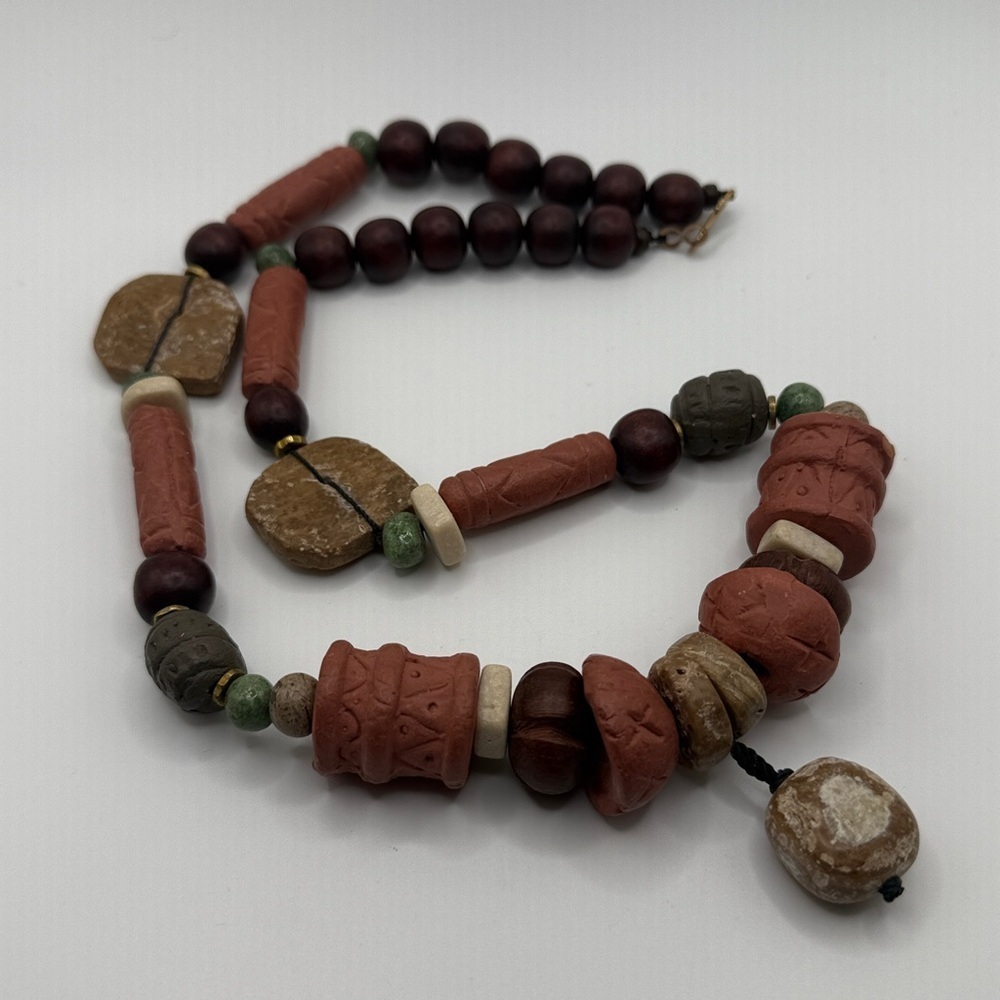 Boho Tribal Chunky Statement Necklace – Handmade Earth Tone Beaded Jewelry EUC